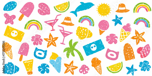 Vibrant summer vacation icons collection featuring ice cream sun hats and tropical elements