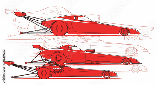Illustration of drag racing cars in red. The image presents a side view of several race cars in a dynamic composition
