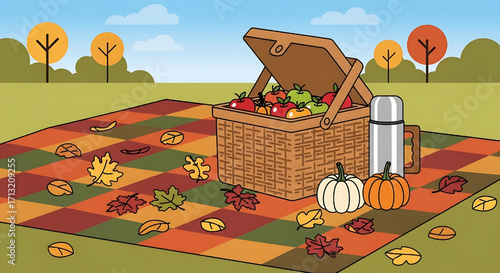 Autumn Picnic Scene with Basket, Pumpkins, and Fall Leaves on a Plaid Blanket