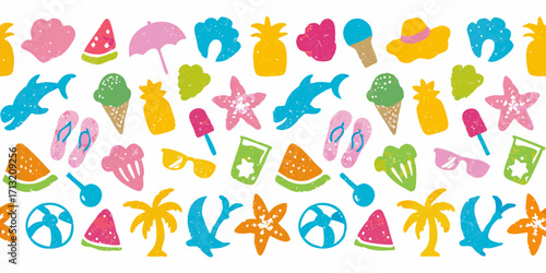 Colorful summer vacation icons border with beach elements and tropical fruits