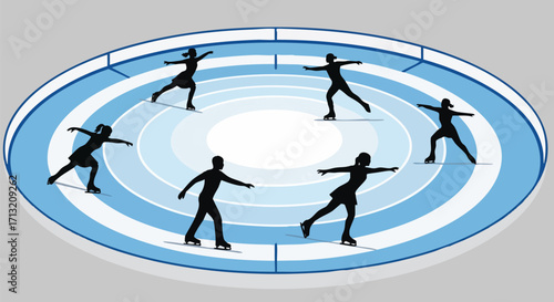 Illustration of figure skaters in silhouette on an ice rink performing