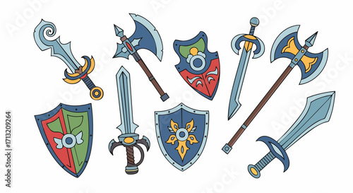 Illustration of fantasy weapons and shields set on a white background