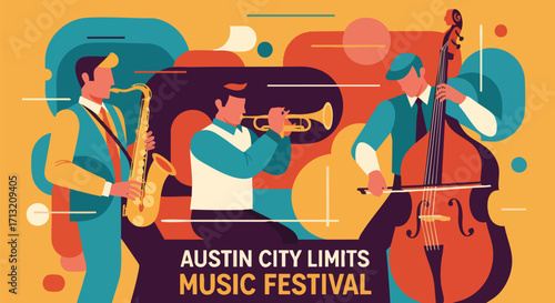 Illustration of musicians playing jazz instruments at Austin City Limits Music Festival