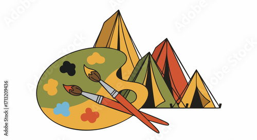 Illustration of outdoor art camp concept showing a paint palette and tents. Great for summer programs, art education, and creative travel marketing