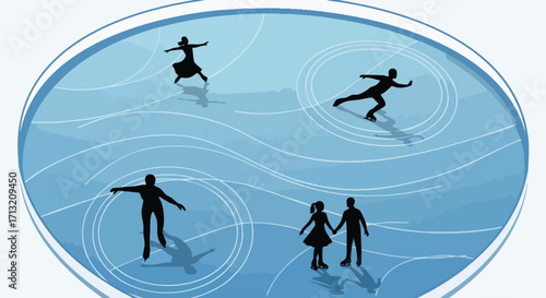Illustration of people ice skating on a frozen rink in silhouette. Various figures glide and pose on the ice