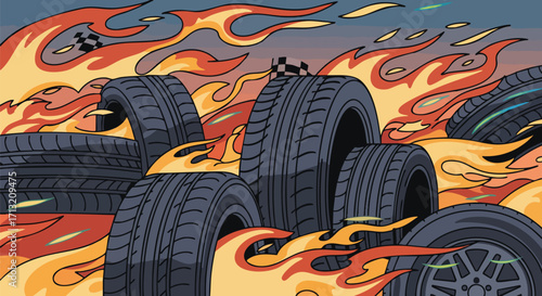 Illustration of racing tires engulfed in flames. A checkered flag waves in the distance, symbolizing speed and competition
