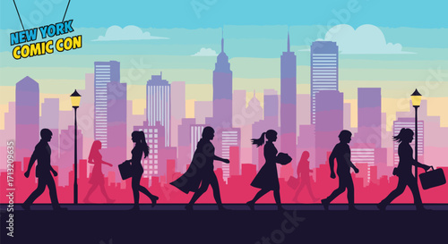 Illustration promoting New York Comic Con shows people walking in silhouette against the city skyline