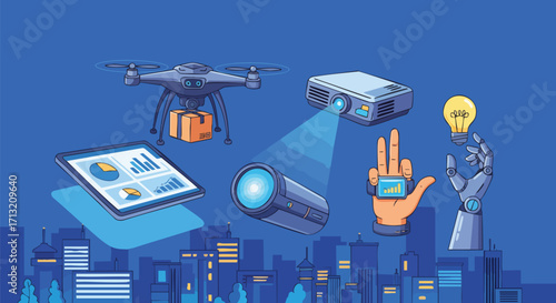 Illustration showing advanced technology and devices over a cityscape backdrop