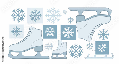 Illustration with ice skates and snowflakes in winter blue tones