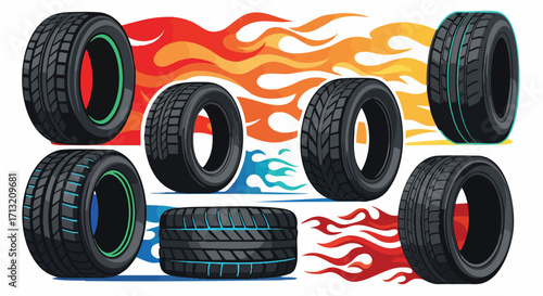 Illustrative design of various vehicle tires with speed flames. Racing tire designs and concept art featuring speed and movement