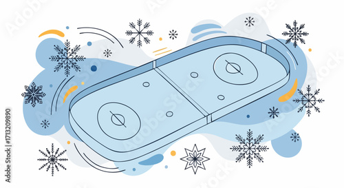 Isometric ice hockey rink illustration, surrounded by playful snowflakes and abstract winter elements
