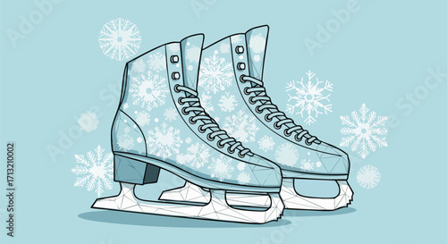 Light teal ice skates with snowflake patterns and geometric blades. Vector illustration on snowy background, symbolizing winter sports and holidays
