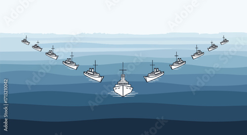Line art illustration of ships sailing in formation on a wavy ocean. Symbolizes fleet, convoy, or naval power