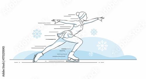 Line art illustration of a figure skater. She is performing a skating routine, isolated on white with light blue snowflakes and speed lines