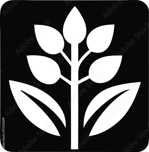 Simple white wheat stalk icon symbol on black square background represents agriculture and growth