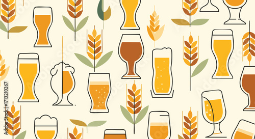 Modern flat design seamless pattern showcasing an assortment of beer glasses with light and dark beer, accompanied by graphic wheat stalks