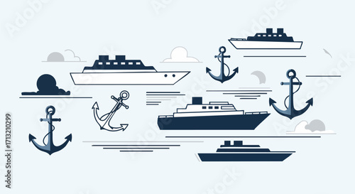 Modern flat design vector illustration of various ships, yachts, and anchors