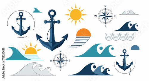 Nautical flat design vector elements feature anchors, sun, compasses, and various stylized ocean waves