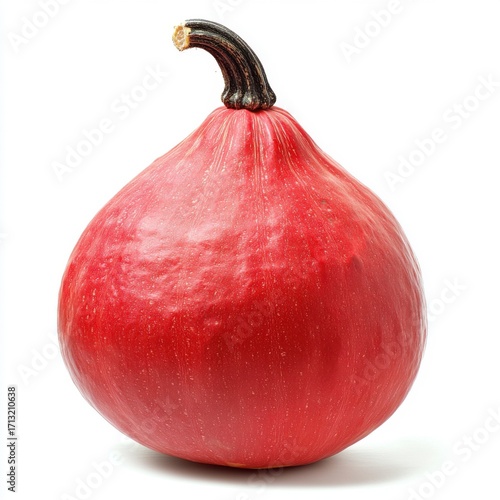 A vibrant red pumpkin with a smooth surface and dark stem, showcasing its unique shape and color.