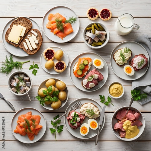 A Delicious Selection of Scandinavian Smørrebrød and Pickled Herring