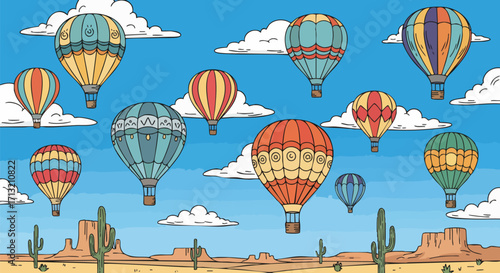 Numerous colorful hot air balloons gracefully float across a bright blue sky, dotted with fluffy white clouds