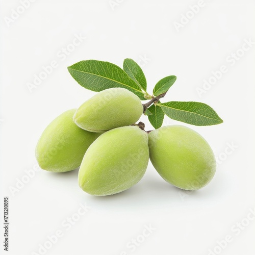 Wallpaper Mural Fresh green almonds with leaves on a light background, showcasing their natural texture and vibrant color. Torontodigital.ca