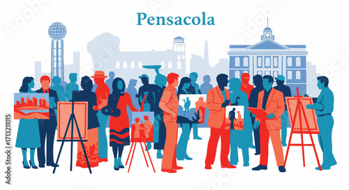 Pensacola, Florida art fair illustration with artists presenting paintings and drawings to potential buyers. City skyline adds to the vibrant scene