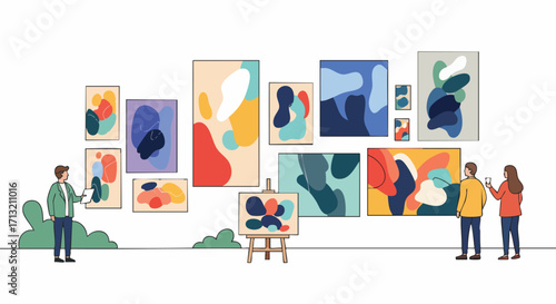 People are depicted enjoying an art exhibition, observing vibrant abstract paintings in a modern gallery setting