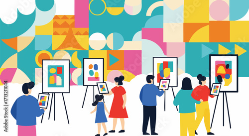 People at an art gallery, viewing modern abstract paintings