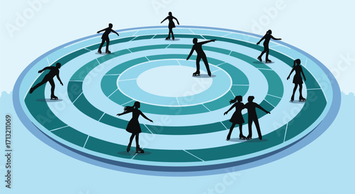 People ice skating on a large circular rink, depicted as dark silhouettes on a teal surface
