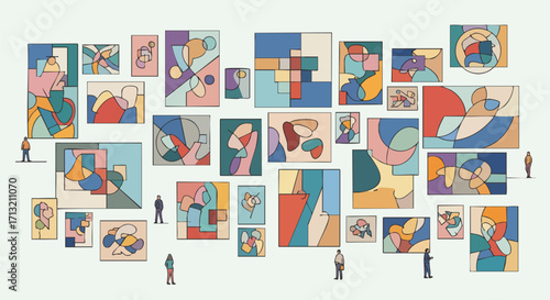 People observe a diverse collection of colorful abstract art in a modern gallery setting
