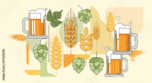 Refreshing beer illustration featuring wheat, hops, and beer mugs. Perfect for breweries, pubs, or beer-related websites