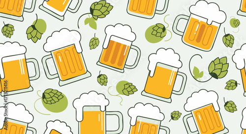 Seamless pattern of cartoon beer mugs with golden lager and white foam, scattered with green hop cones