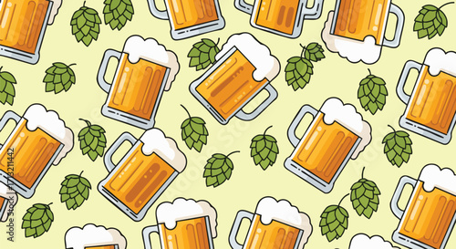 Seamless pattern with beer mugs and hops on a light green background