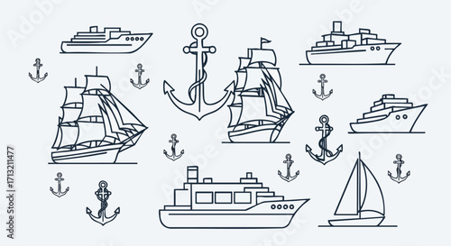 Seamless pattern with different ships, sailboats and anchors. Maritime decorative background, nautical transport, linear art