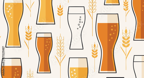 Seamless vector pattern showcasing diverse beer glasses, some filled with golden liquid, and stylized wheat stalks