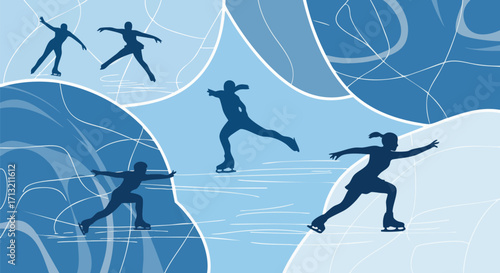Silhouette illustration of ice skaters performing on a blue background