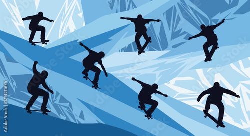 Silhouette skaters perform tricks on a blue abstract background. This illustration conveys an energetic, active lifestyle