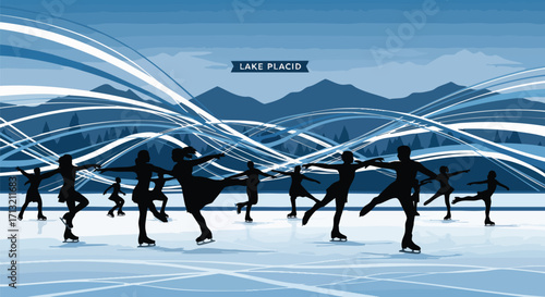 Silhouetted figure skaters gracefully glide across an ice rink, set against a vibrant backdrop of Lake Placid's majestic mountains and dynamic abstract lines