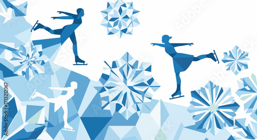 Stylized ice skaters perform graceful poses in this geometric vector illustration