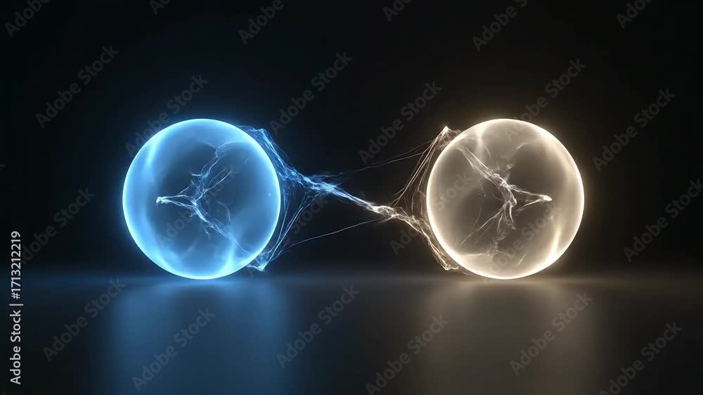 Glowing plasma ball energy spheres in blue and white colors on a dark reflective surface conveying technology innovation and futuristic concepts