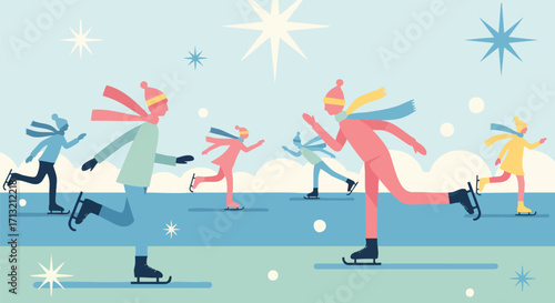 Stylized people, adults and children, enjoy ice skating outdoors on a bright winter day