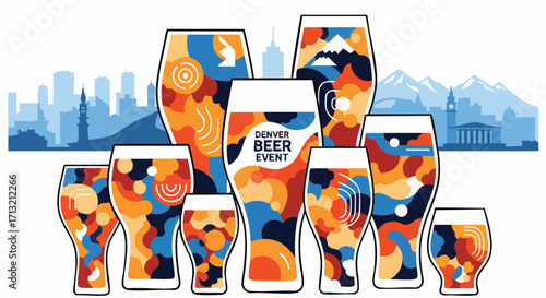 Stylized vector illustration of diverse beer glasses with colorful abstract patterns