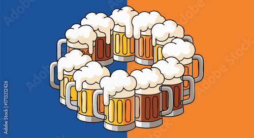 This vibrant cartoon illustration showcases a festive circular arrangement of frothy beer mugs