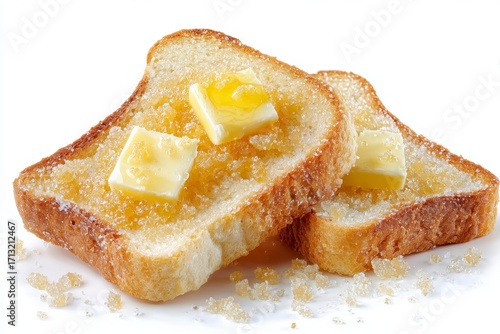 Two slices of toast covered in melted butter and sugar on a white surface with sugar granules scattered