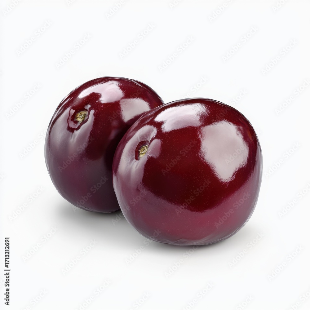 Obraz premium Two glossy red plums placed side by side on a white background, showcasing their smooth texture and vibrant color.