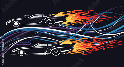 Two powerful racing cars are depicted in a dynamic vector illustration, showcasing intense speed and competition