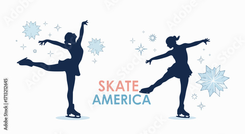 Two silhouette figure skaters performing on ice, adorned with snowflakes and the words "Skate America"
