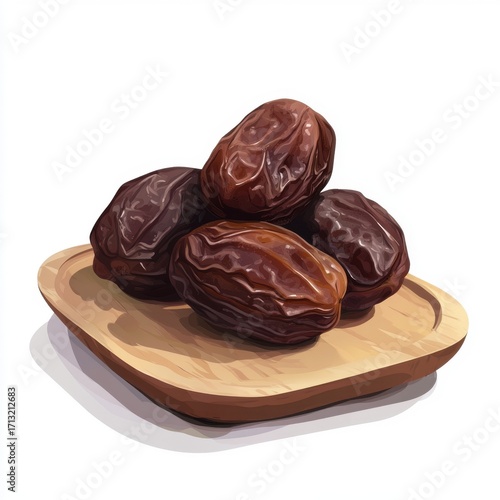 A close-up of fresh dates on a wooden plate, showcasing their rich brown tones and natural texture.