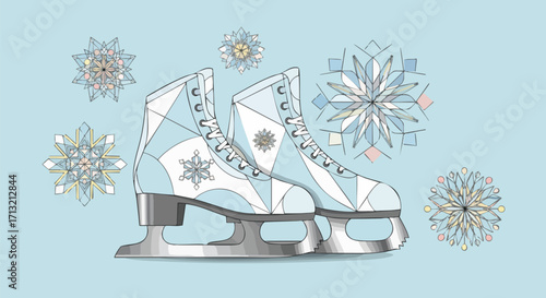 Vector art of elegant ice skates with delicate snowflake patterns on a serene light blue background